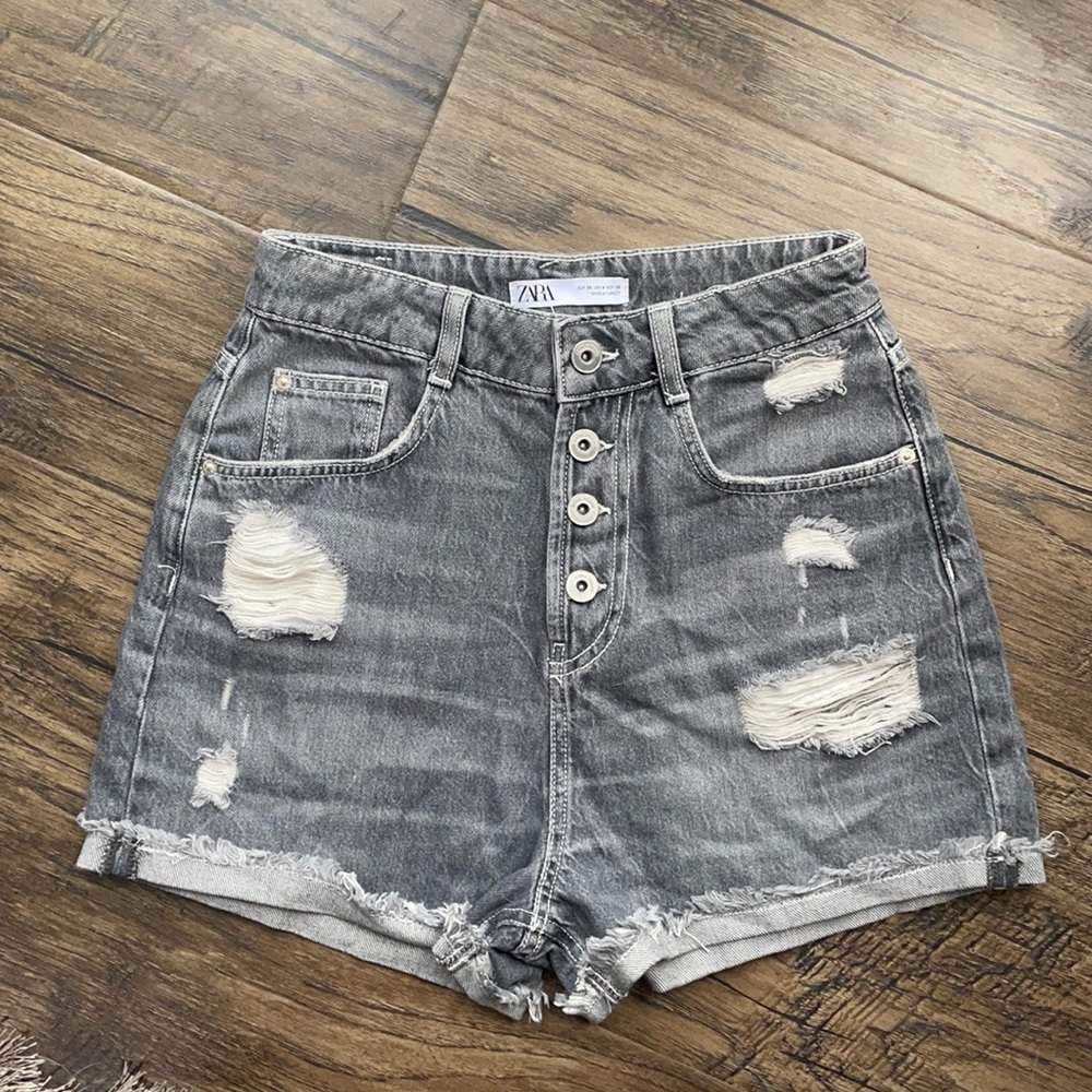 Zara high waisted jean shorts distressed grey